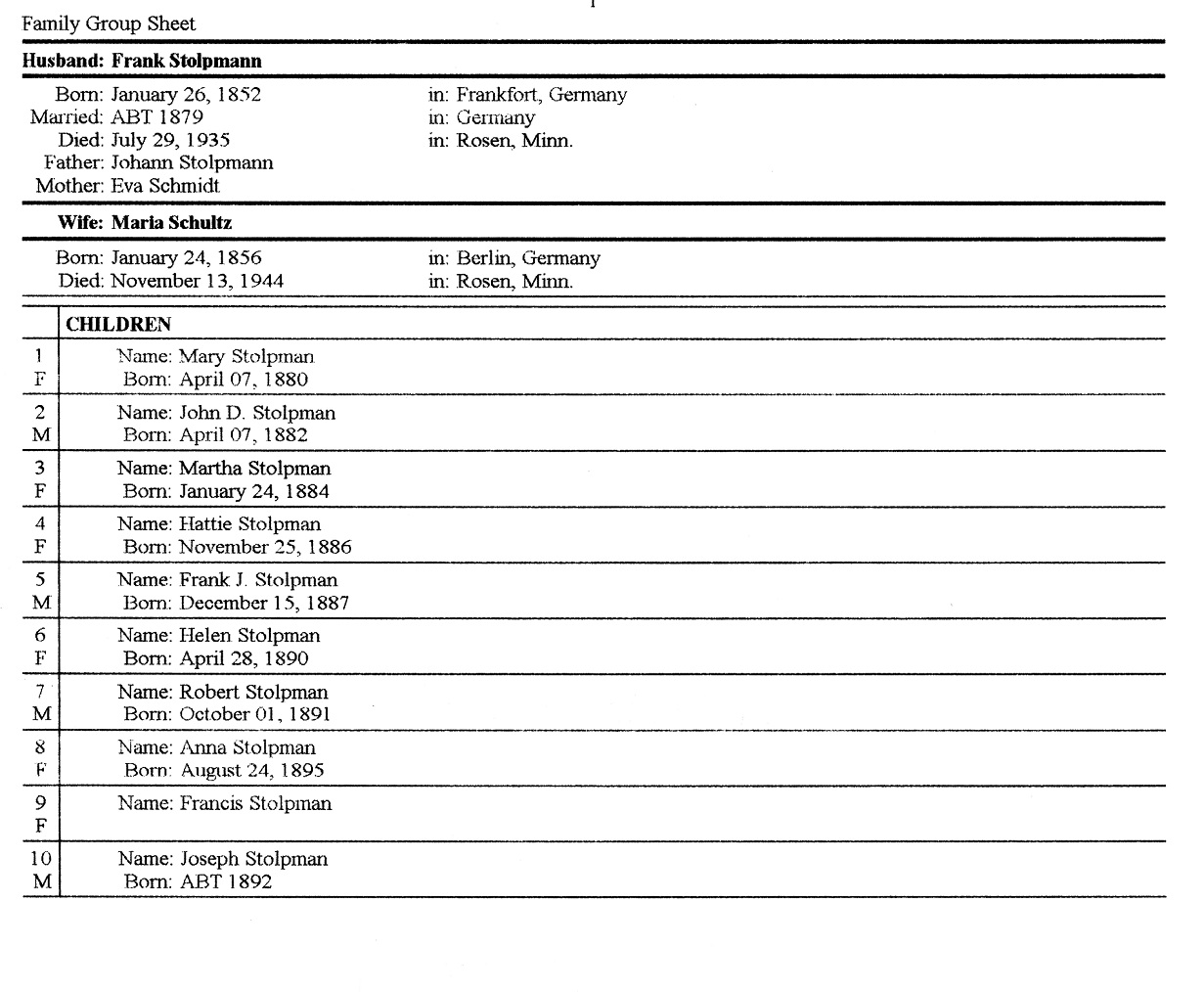 Frank Stolpman Family Tree